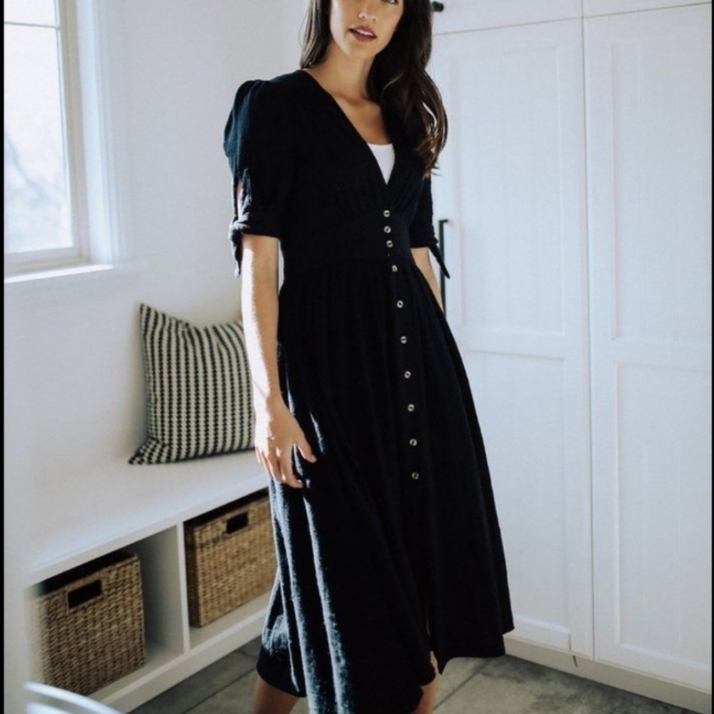 Free People Black Midi Button-Front Dress - Picture 2 of 14
